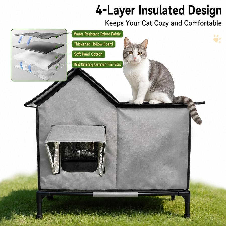 1PC Weather-Resistant Outdoor Cat House With Detachable Elevated Frame, Waterproof 600D Oxford Fabric, Thermal Reflective Aluminum Foil & Transparent Viewing Window For Garden Patio Use, For Multi-Cat Families, All-Weather Durable & Comfortable - L - View 1