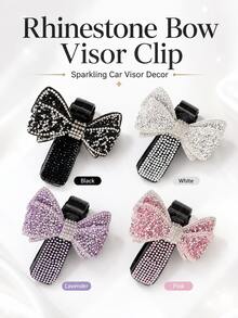 1pc Shiny Rhinestone Bow Car Sun Visor Glasses Holder, Cute Girly Style Car Interior Decor, Universal Eyewear Holder Accessory, Suitable For Female Drivers - A - View 3