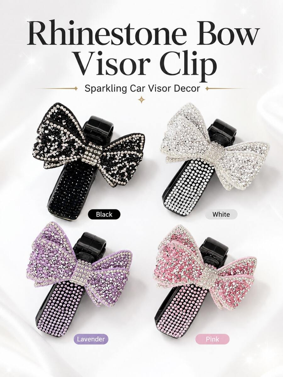 1pc Shiny Rhinestone Bow Car Sun Visor Glasses Holder, Cute Girly Style Car Interior Decor, Universal Eyewear Holder Accessory, Suitable For Female Drivers - A - View 1