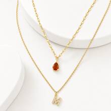 2Pcs/Set New Initial Water Drop Pendant Golden Stainless Steel Lip Chain Choker Layered Necklaces For Women - Yellow Gold - View 3