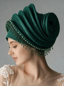 1pc Luxury Shiny Pleated Turban With Bead Fringe, Elegant Wedding Party Head Wrap Hat For Women - Multicolor - View 10