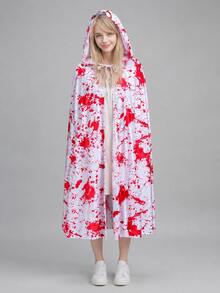 Plus Size Blood Splatter Print Hooded Long Cape, Unisex Halloween Horror Cosplay Cloak Vacation White Summer - White - View 3