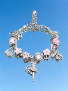 1pc Women's Silver Tone Pink Floral Heart Bow Rhinestone Charm Bracelet - Multicolor - View 1