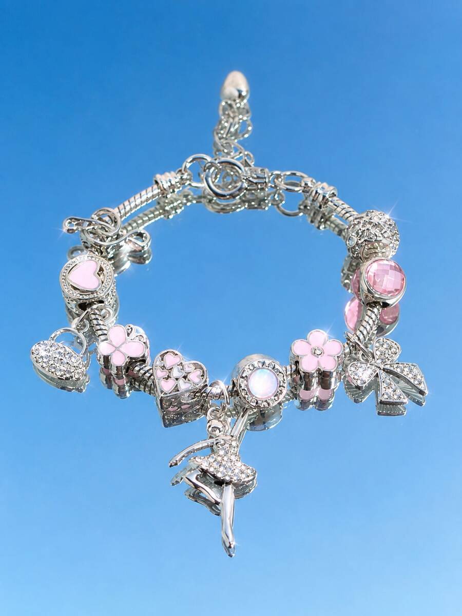 1pc Women's Silver Tone Pink Floral Heart Bow Rhinestone Charm Bracelet - Multicolor - View 1