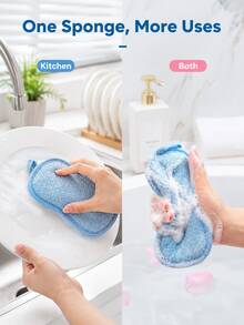 Multifunctional Scouring Sponge, Double-Sided Cleaning Pad With Hanging Ring, Soft Fiber Dishwashing Sponge, Kitchen Cleaning Brush, Bath Body Scrub Pad, Reusable Household Cleaning Tool, 5 Colors - Multicolor - View 6