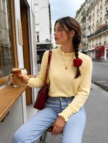 Sweater Rajut Wanita Warna Krem Kuning dengan Kerah Bergelombang, Motif Polkadot, Kancing Manset Emas, Model Pas Badan, Cocok untuk Perjalanan Sehari-hari dan Pakaian Jalanan Musim Gugur/Dingin - Kuning - View 8