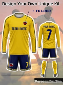 2pcs Set Customized Riyadh 2627 Season, Set Only Includes Long Sleeve Jersey And Shorts, Yellow Base With Navy Blue Vintage Lace Long Sleeve Football Jersey, Exquisite Pattern Collar And Hem Details, Customizable Content On Both Front And Back, Freely Change Player Name And Jersey Number, Customize Team Logo And Team Name, Comfortable And Soft Fabric, Suitable For Football Matches, Team Training, Club Team Building And Daily Wear, Supports Large-Scale Personalized Customization, 2026 Football Project - Yellow - View 1