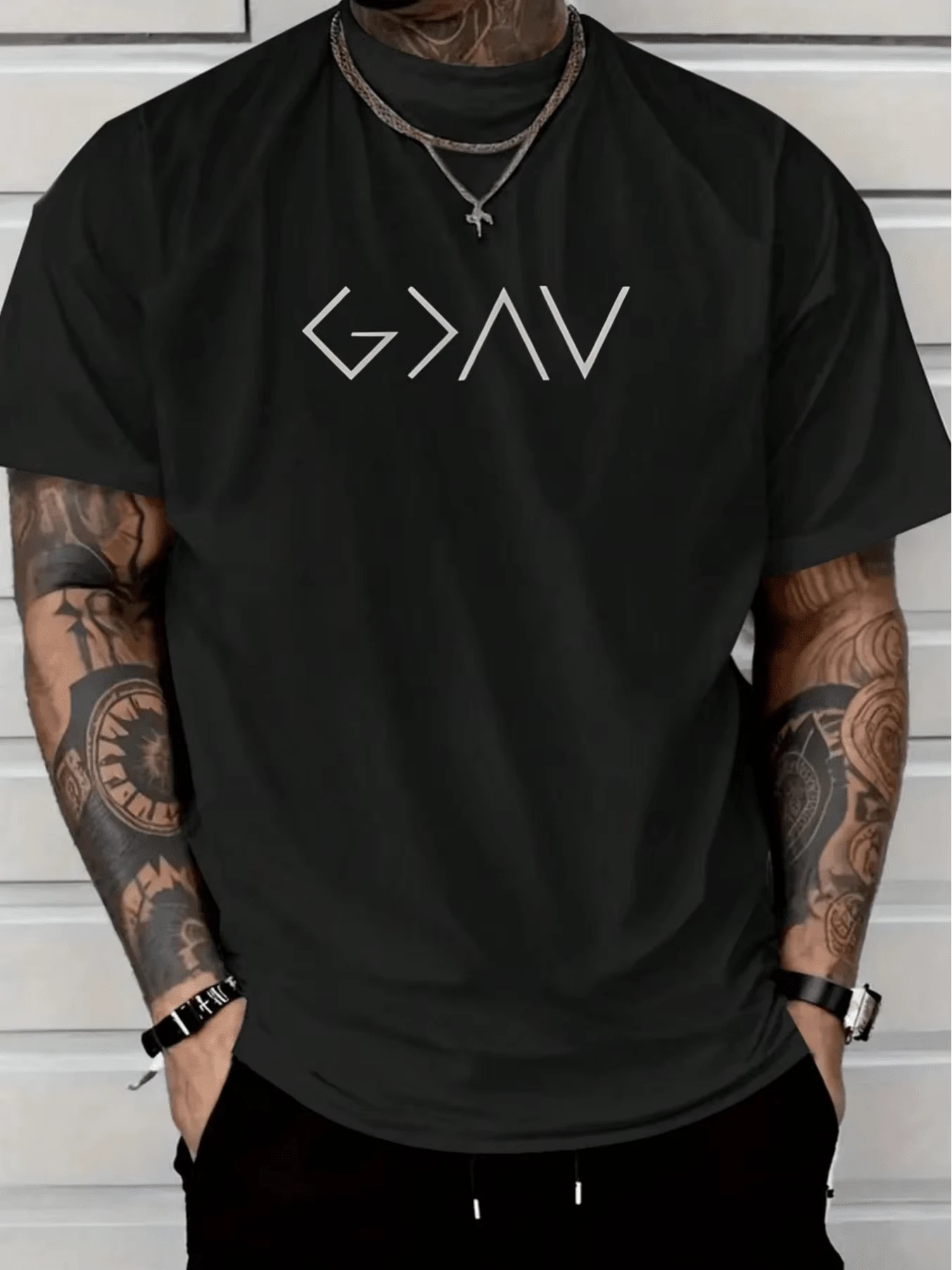 180g  Single-Sided Printed Round Neck Short-Sleeved T-Shirt In Bold Black And Printed With White Graphic G_av On The Chest.Suitable Fofall Tops Women - Black - View 1