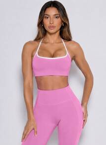 Never me Women's Color-Block Halter Sports Bra And High-Waisted Yoga Pants Set, Tummy Control And Butt-Lifting, Pilates Fitness Daily Wear - Pink - View 6