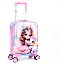 Girls Cartoon Printed Rolling Luggage, Hard Shell Kids Carry‑On Suitcase With Universal Wheels & Telescopic Pull Rod, Ideal For Short Trips - Pink - View 8