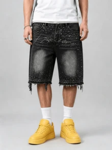 Quần short denim nam mùa hè họa tiết bầu trời sao lấp lánh đính đá, chất liệu không co gi - màu đen - Xem 1
