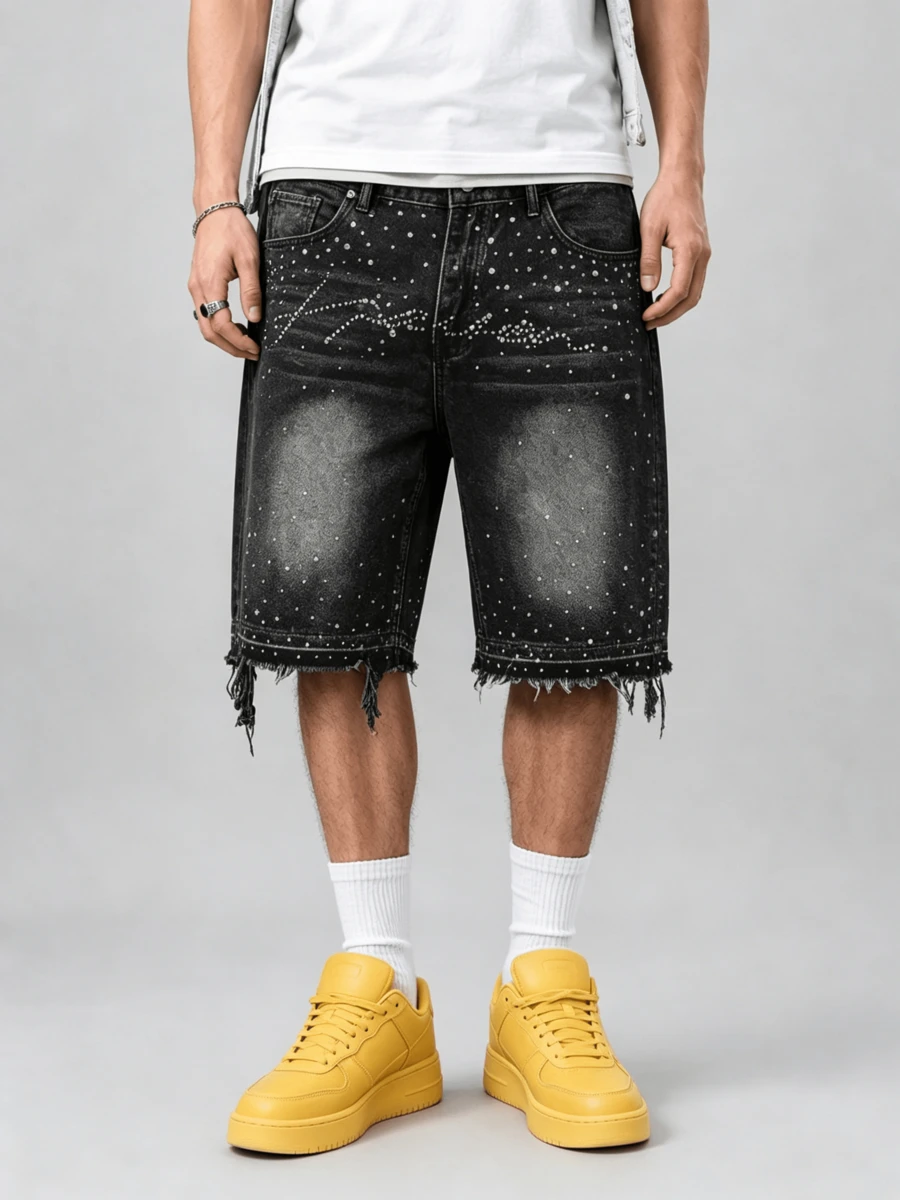 Quần short denim nam mùa hè họa tiết bầu trời sao lấp lánh đính đá, chất liệu không co gi - màu đen - Xem 1