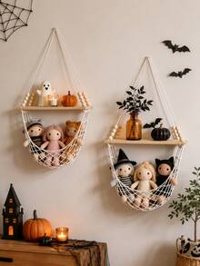 1pc/2pcs Beige Handmade Hanging Shelf, Minimalist Bohemian Style Wall-Mounted Storage Rack, Woven Hammock Design Floating Display Shelf, Multi-Layer Hanging Structure Decorative Storage Rack, Suitable For Living Room, Bedroom, Children's Room, Entryway, Wall Corner, Plant Display, Candle, Photo Frame Storage Decoration, Autumn Thanksgiving, Halloween, Christmas Party Decoration - Beige - View 4