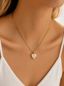1pc Fashionable Cute Zirconia Shell Heart Pendant Necklace Women's Gift Necklace - Yellow Gold - View 1
