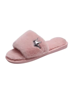Women's Light Pink Plush Slippers, Small Crown Pattern Decor Open Toe Fuzzy House Slippers, Comfortable Indoor Outdoor Warm Flat Shoes - Pink - View 8