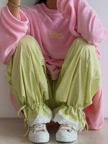 Women's Striped Green & White Casual Long Pants, Ruffle Hem, Drawstring Design, Creating A Relaxed Preppy Style - Green - View 2