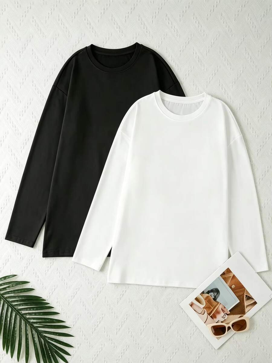 2pcs Women's Spring/Autumn Long Sleeve T-Shirt, Round Neck Loose Fit Solid Black - Black - View 1