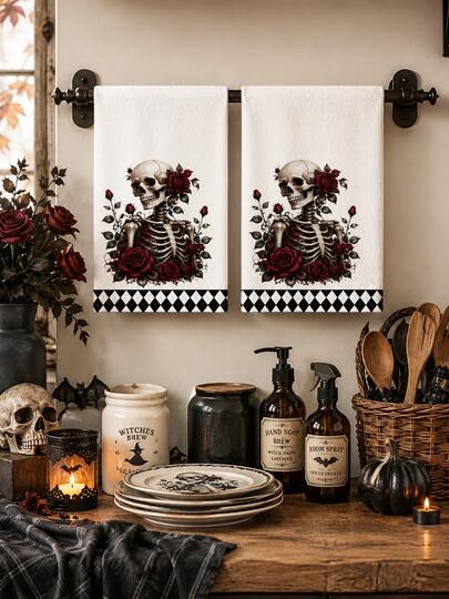 2 st/4 st gotiska handdukar med dödskalle och röd ros, ultralena och högabsorberande, mörk Halloween-badrumsdekoration, kreativ födelsedags- och inflyttningspresent