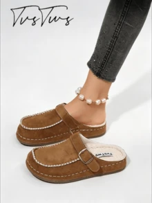 Women's New Winter Boken Ultra-Light Fleece Lined Half-Slip Thick Sole Loafers, Casual Retro Forest Punk Style, Essential For Dating And Vacation - Brown - View 1