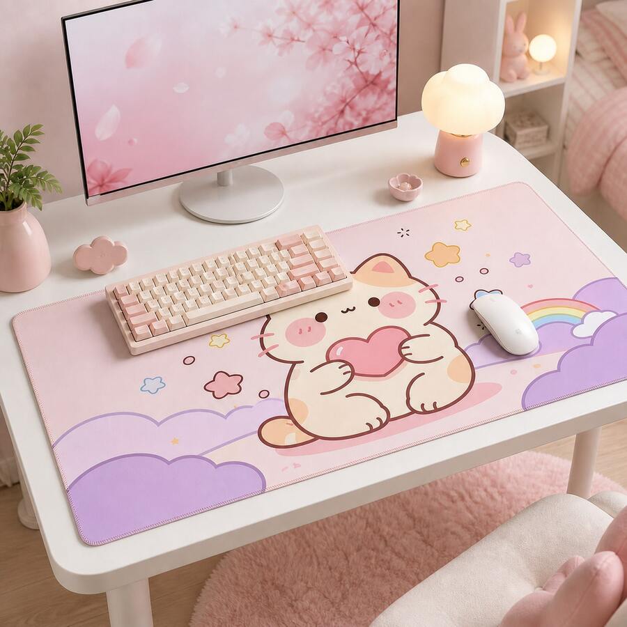 1 pieza Alfombrilla para ratón (Fondo rosa con patrón de gato de dibujos animados sosteniendo un corazón) – Alfombrilla de escritorio de goma extra grande y antideslizante, accesorio rectangular multifuncional para teclado de juegos/oficina, regalo festivo - Tapete para ratón - Ver 1