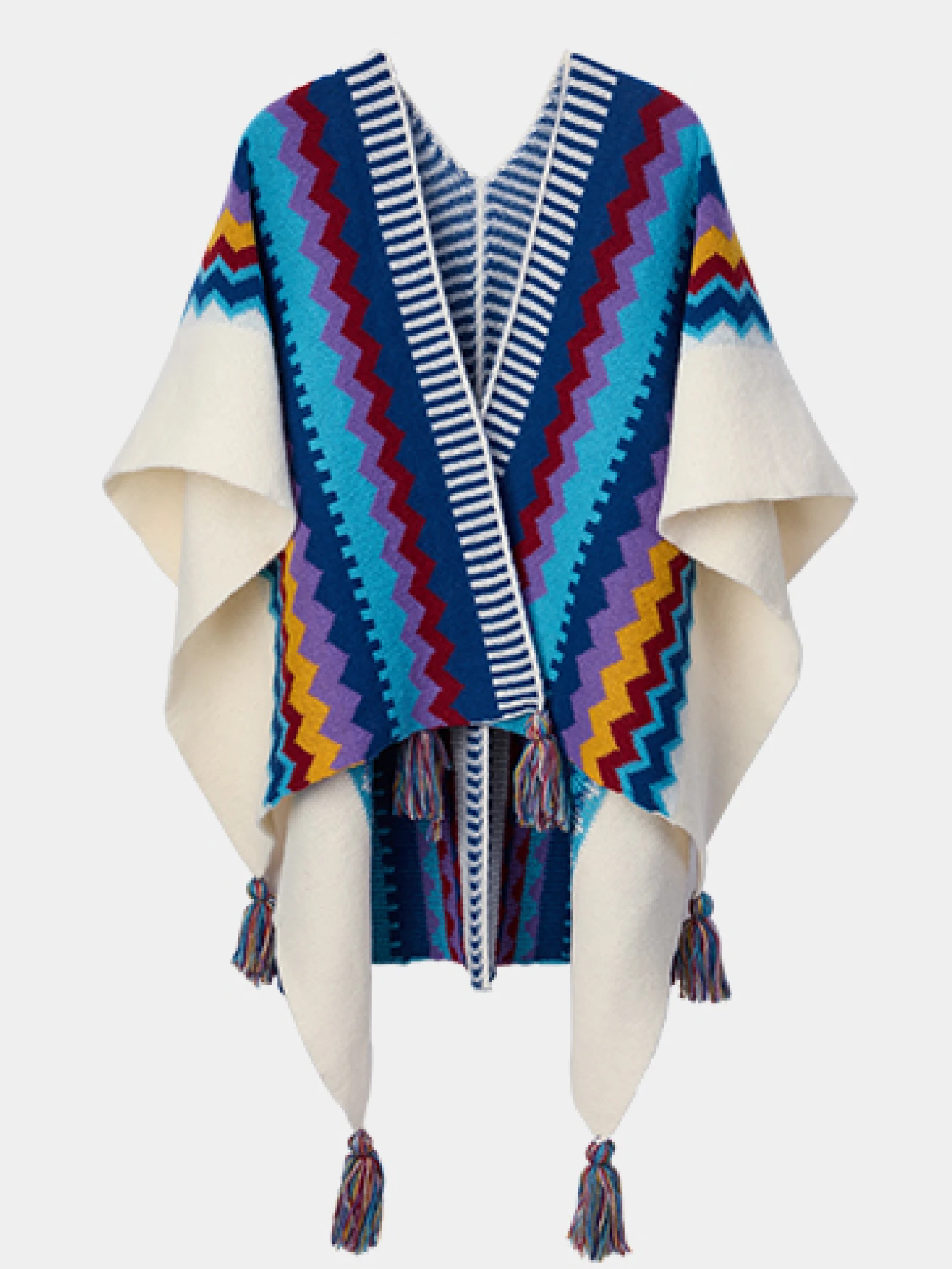 CAMEL CROWN Women's Boho Knit Poncho Shawl Wrap Tassel Cardigan Open Front Geometric Pattern Cape Sweater V Neck Cozy Oversized Ruana For Fall Winter - Fluffy Blue - View 1