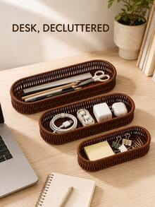 1pc Woven Rattan Storage Tray Basket, Aesthetic Home Storage Box, Suitable For Kitchen, Bathroom, Vanity, Bedroom And Office, Rectangular Desktop Organizer, Can Hold Tableware, Cosmetics, Jewelry, Snacks, Tea Bags, Keys And Daily Essentials, Autumn Winter Home Decor - Brown - View 5