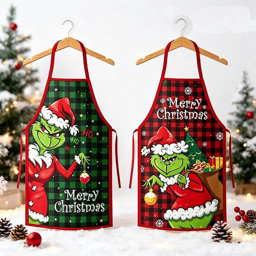 The Grinch 1pc Christmas Apron Santa Claus Design Home Kitchen Apron Christmas Supplies, Christmas Holiday Gift, Party Costume Kitchen Apron, Christmas Halloween - Multicolor - View 1