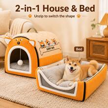 2-In-1 Foldable Pet House & Pet Bed With Removable Cushion, Comfortable Indoor Cat Bed Dog Bed With Handle And Hanging Plush Ball Toy, Suitable For Cats And Small To Medium Dogs - Multicolor - View 6