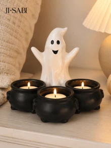 1pc Halloween Ghost Cauldron Tea Light Candle Holder, Ghost Shaped With 3 Cauldron Candle Holders, Spooky Cute Tabletop Decor, Suitable For Halloween Party Home Bookshelf Decoration, Candles Not Included - Ghost Candlestick - View 4