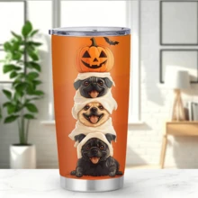 1/5pcs 20oz Stainless Steel Insulated Tumbler, Orange Background Stacked Pug Ghost Pumpkin Bat Halloween Print, Leak‑Proof Sealed Lid, Reusable Insulated Mug For Halloween Party, Holiday Gathering, Short Trip And Household Daily Drinking - Stackable Pug Ghost Pumpkin - View 2