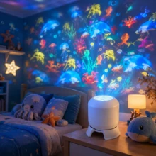 360° Rotating Ocean World Projector Night Light, Dynamic Under‑Sea Animal LED Projection Lamp, Adjustable Brightness USB Powered Projector Light, For Bedroom Living Room Party Holiday Home Decoration, Perfect Holiday Gift - White - View 3