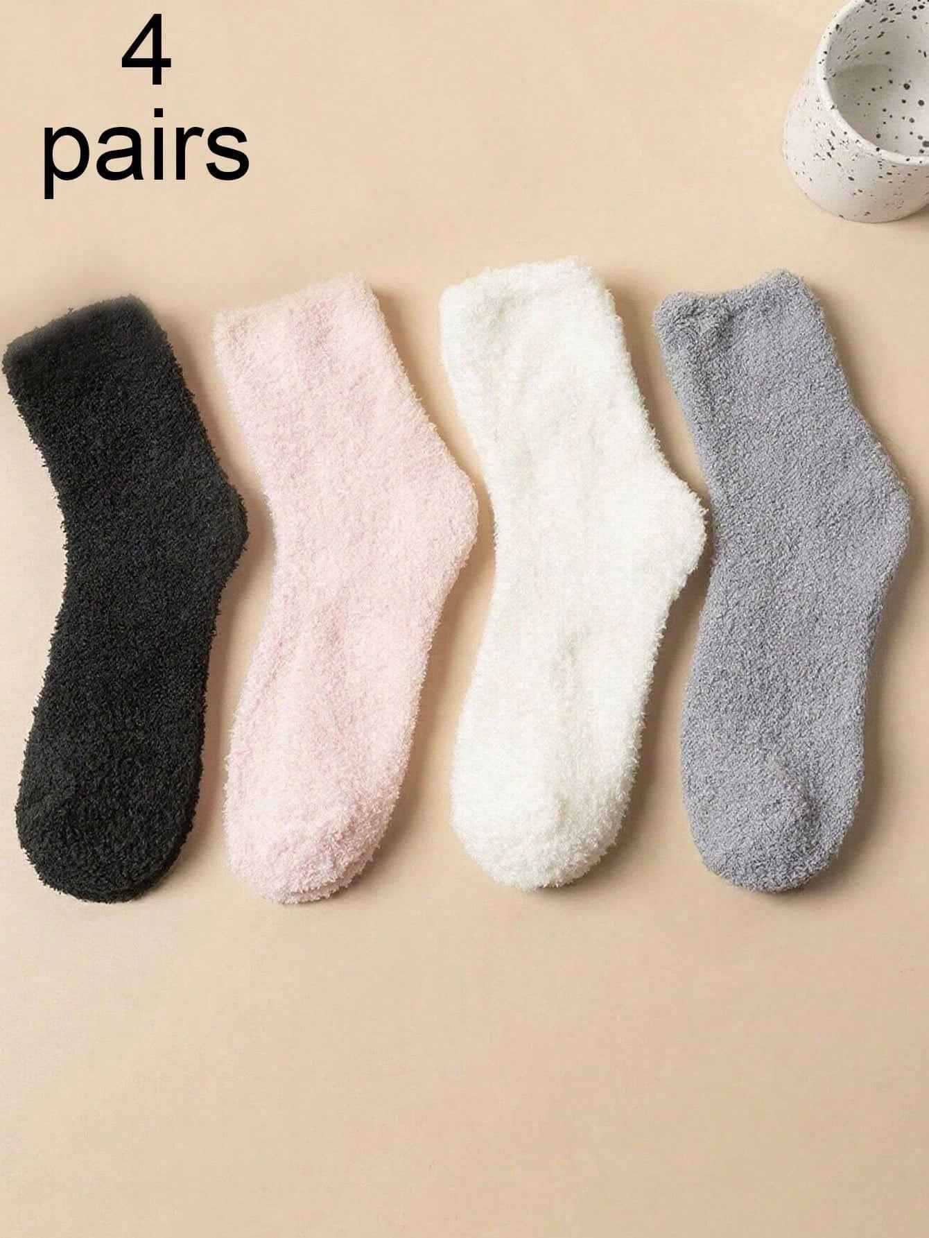 4 Pairs Solid Color Coral Fleece Mid-Calf Socks For Women, Thickened ...