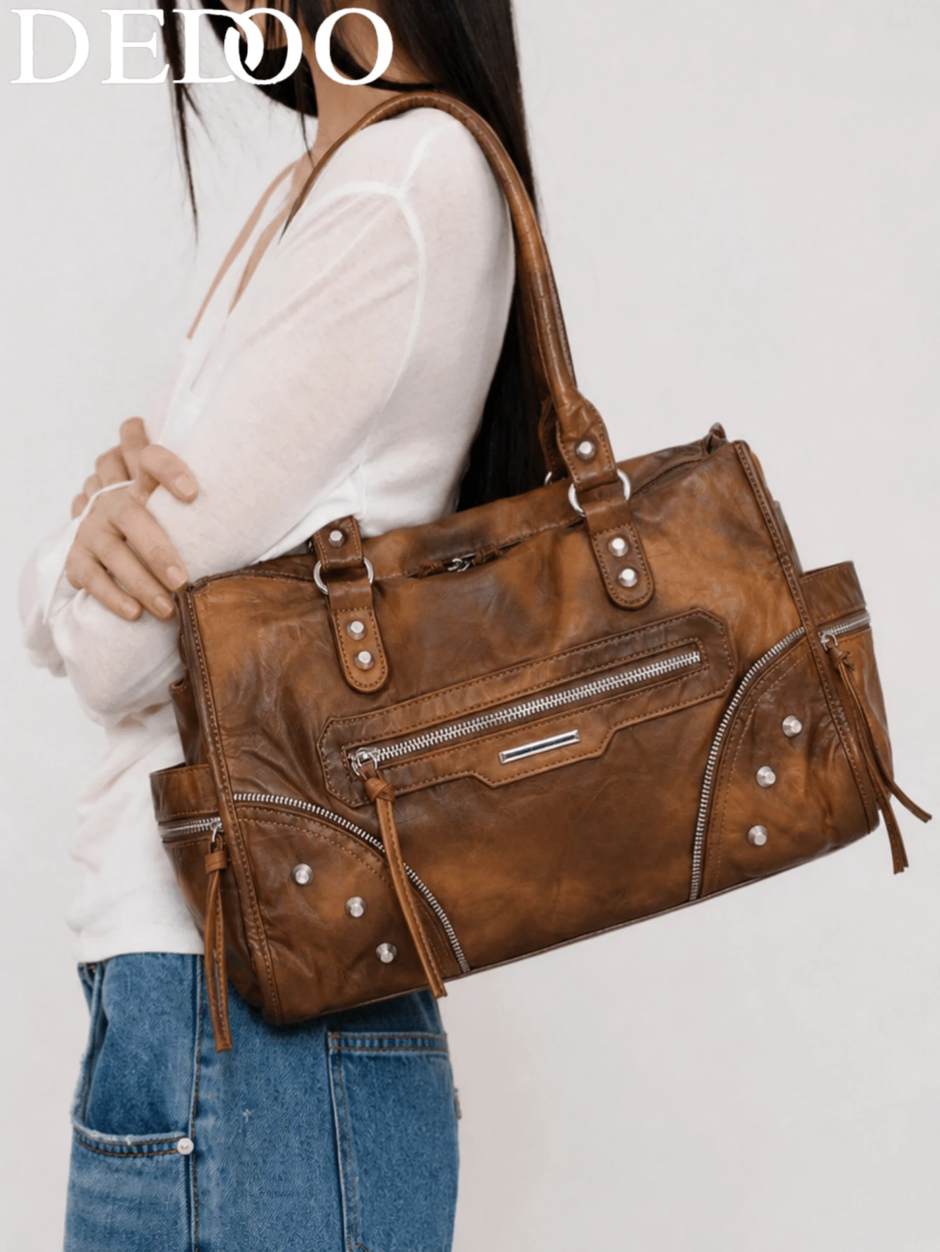 Dedoo Women's Tote Handbag, Vintage Washed Faux Leather, Rivet Zipper Detail, Multi-Pocket Large Capacity, Y2K Street Style, Daily Commute Shoulder Bag - Brown - View 1