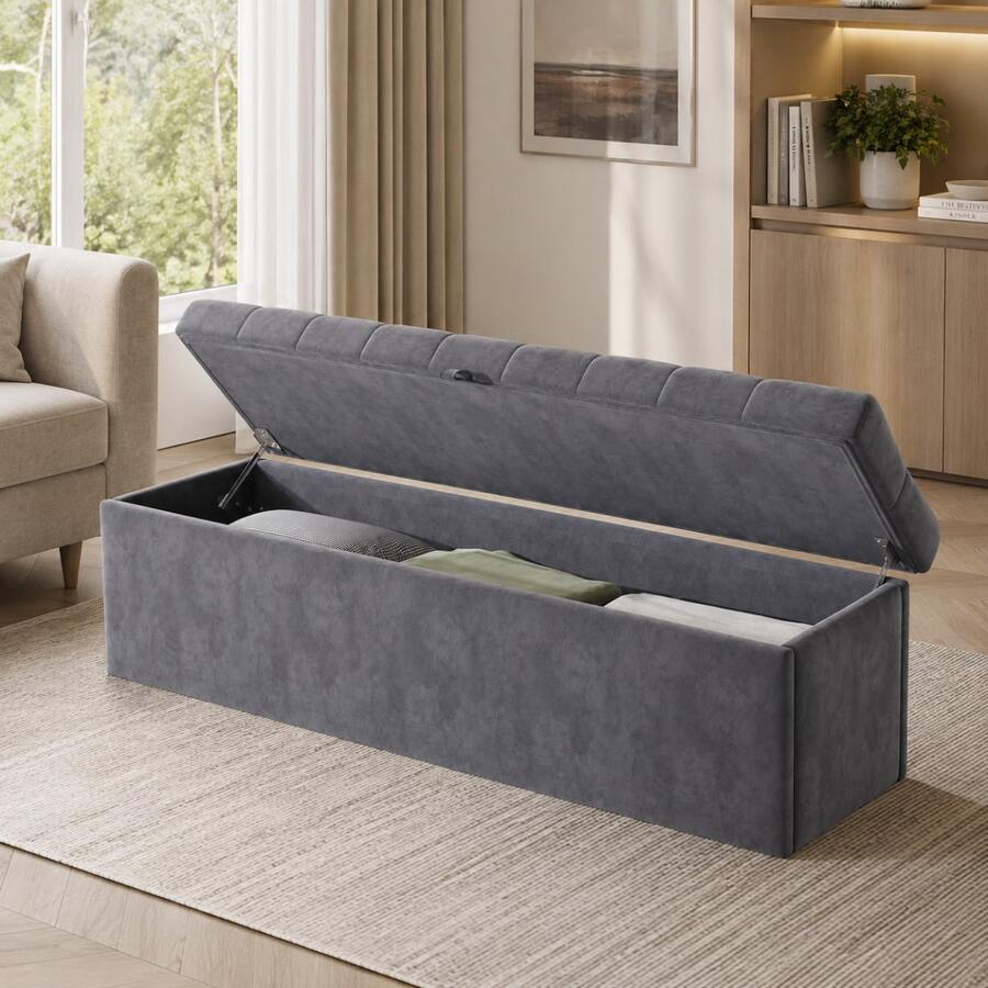 Upholstered Bed,King Size Bed,With Hydraulic Lever, Functional Storage Bed, Rivet Decoration, Without Mattress, Linen - Grey + Velvet - View 1