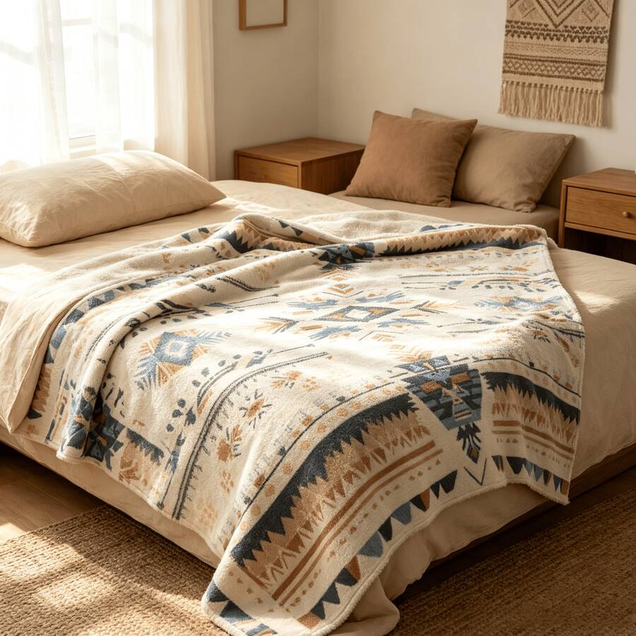 1PC Geometric Totem Print Blanket, Vintage Exotic Pattern, Home Sofa Throw Blanket, Bedroom Soft Decor Decorative Blanket - Multicolor 1 - View 1