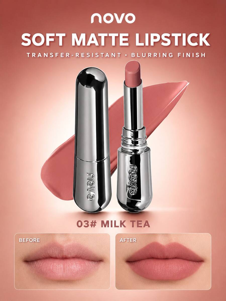 NOVO Waterproof, Sweat-Resistant Velvet Matte Lipstick, Non-Transferring, Long-Lasting, Vivid Color, Suitable For Daily Use, Travel, Outdoor, Festivals, Birthdays, Graduations, Parties, Fashion Makeup