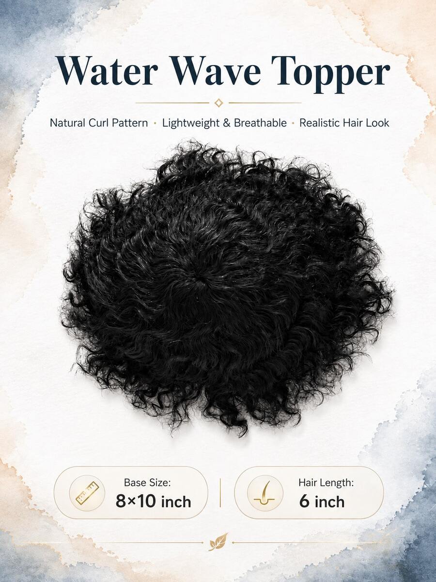 6 Inch Men's Water Wave Human Hair Wig, African Curly Texture, Machine-Made Mesh Base, Breathable Comfortable Real Hair, Natural Short Hair Style, Glue-Free Comfortable Daily Fashion Wig - Natural Black - View 1