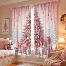 2PCS Silver‑Pink Christmas Tree Print Light Sheer Curtains, Semi-Sheer For Privacy Protection. Easy Rod Pocket Installation, Quick-Dry, Fade-Resistant After Washing, Lightweight And Washable. Ideal For Home, Room And Kitchen Decor & Space Dividers. - Multicolor - View 6