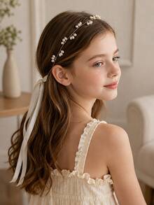 1pc Children's Simple Pearl Headband, Palace Style Hair Accessory With Ribbon, Suitable For Daily Wear, Birthday Party Styling And Casual Girls Hair Accessory - Gold - View 3