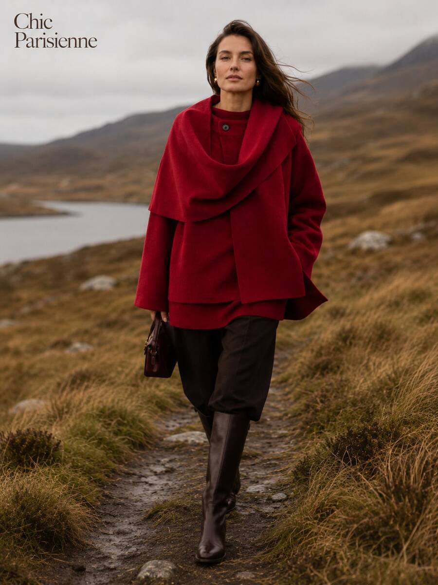 Tiefrote asymmetrische Schal-Strickjacke | Auffällige rote weiche Oberbekleidung | Elegante Winter-Mode-Schicht - Rot - Übersicht 1