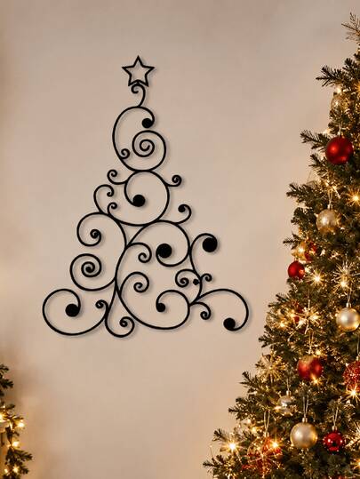 Christmas Metal Wall Art Decor, Hollow Swirl Curve Christmas Tree With Star Decoration, Minimalist Black Metal Wall Sign, Winter Holiday Wall Decoration For Home Living Room Party