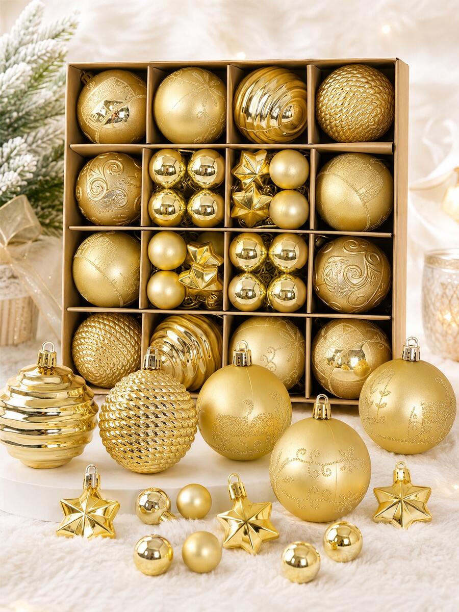 44pcs Gold Christmas Ball Ornaments, 3cm And 6cm Mixed Sizes, Including Matte, Mirror, Striped, Woven, Embossed And Star Patterns, Elegant Hanging Decorations For Christmas Tree, Suitable For Christmas Party, Wedding, Holiday Home, Fireplace And Wreath Decor - Gold - View 1