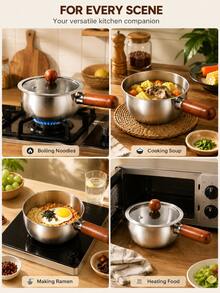 Multifunctional Stainless Steel Soup Pot & Frying Pan, Sauce Pot With Heat-Resistant Wooden Handle | Suitable For Induction Cooktop, Non-Slip, Even Heating Bottom - Ideal For Dorm, Office, RV, Small Kitchen, Single Cooking - View 7