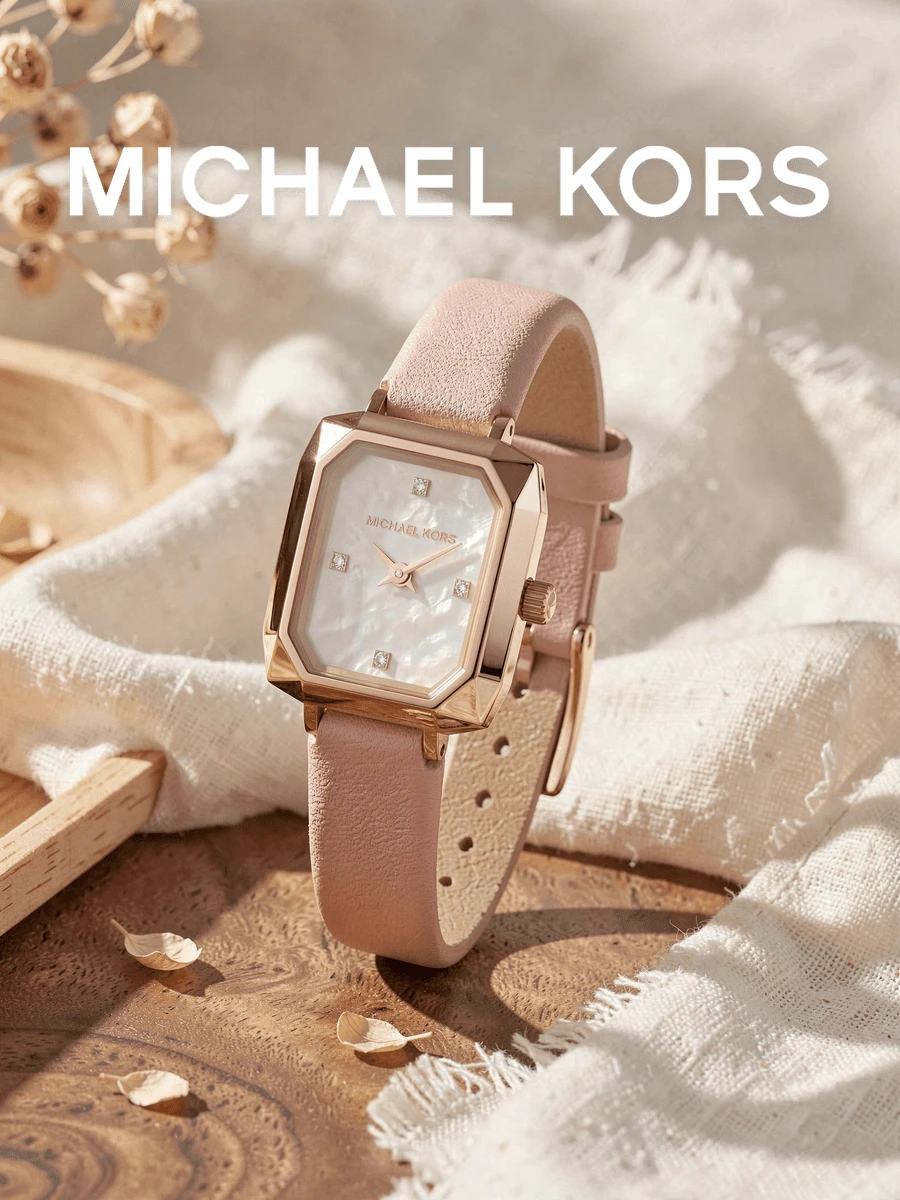 Michael Kors Jam Tangan Quartz Persegi Panjang Wanita, Casing Rose Gold Berfaset, Dial Mutiara, Tali Kulit Merah Muda, Hadiah Romantis dan Aksesori Harian yang Elegan - Satu-Ukuran - View 1