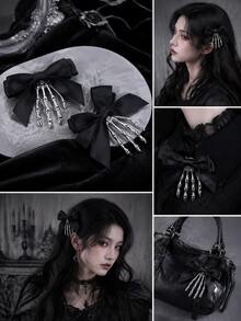 2pcs Gothic Skeleton Hand Hair Clips, Black Satin Bow Skeleton Hand Hair Clips, Halloween Punk Cosplay Women Girls Hair Accessories - Multicolor - View 2