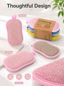Multifunctional Scouring Sponge, Double-Sided Cleaning Pad With Hanging Ring, Soft Fiber Dishwashing Sponge, Kitchen Cleaning Brush, Bath Body Scrub Pad, Reusable Household Cleaning Tool, 5 Colors - Multicolor - View 5
