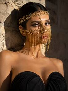 1pc Exotic Gold Rhinestone Tassel Face Chain, Hollow Mesh Chain Face Mask Headpiece, Ball Party Photography Atmosphere Headwear, Vintage Glamorous Heavy Rhinestone Head Chain, Stage Photo-Worthy Styling Accessory - Gold - View 6