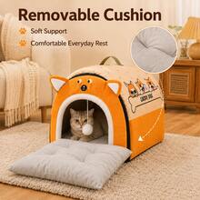 2-In-1 Foldable Pet House & Pet Bed With Removable Cushion, Comfortable Indoor Cat Bed Dog Bed With Handle And Hanging Plush Ball Toy, Suitable For Cats And Small To Medium Dogs - Multicolor - View 7