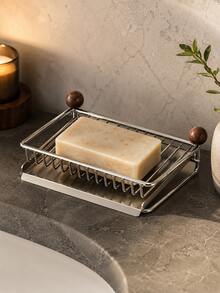 1pc Soap Dish Holder, Stainless Steel And Solid Wood Countertop Organizer With Drain Tray, Multi-Purpose Storage Rack For Bathroom Soap, Kitchen Sponge And Makeup Brush, Space Saving Freestanding Holder For Vanity And Home Organization - Multicolor - View 9