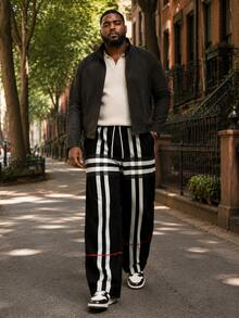 Men's Plus Size Wide Leg Pants, Minimalist Black & White Line Patchwork Print, Extra Large & Plus Size Tall Fit, Suitable For Daily Commute, All Season Wear - Black and White - View 10